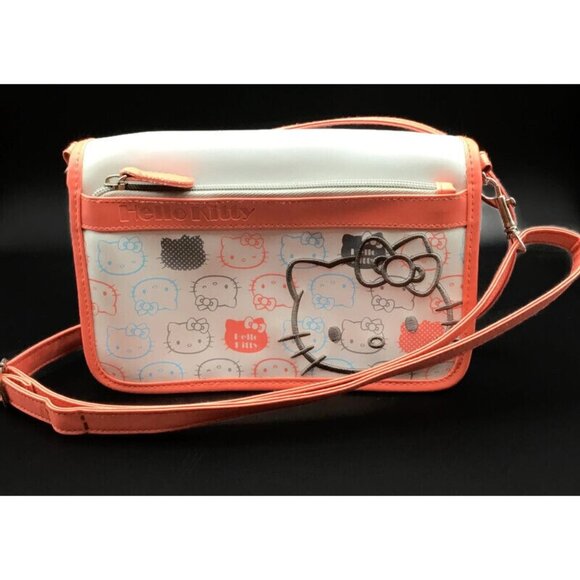 Hello Kitty Purse Gray Coral Pink Crossbody Shoulder Bag Zippered Pockets Sanrio - Picture 1 of 12